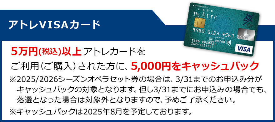 アトレVISAカード：5万円(税込)以上アトレカードをご利用（ご購入）された方に、5,000円をキャッシュバック